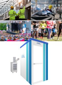 UNICOM COOL 移動式クーリングシェルターは、建設現場・屋外イベント・公共施設・災害現場・スポーツイベント・工場作業などで、快適な気温の小屋として活用できます。