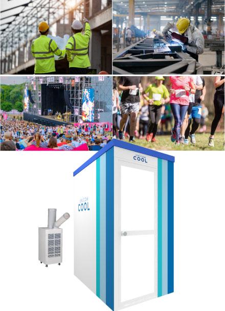 UNICOM COOL 移動式クーリングシェルターは、建設現場・屋外イベント・公共施設・災害現場・スポーツイベント・工場作業などで、快適な気温の小屋として活用できます。