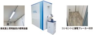換気扇と照明器具が標準装備、コンセントと漏電ブレーカー付です。